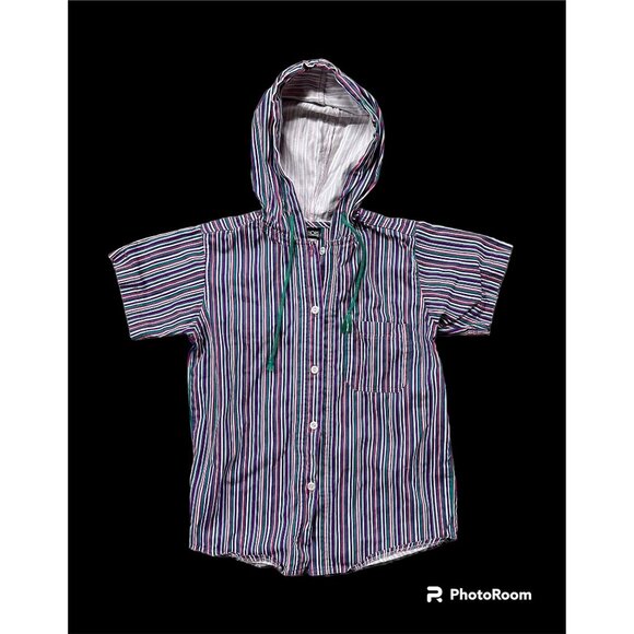 Vintage Childs Shirt Short Sleeve Hood Button Up Stripes Pink Blue 1990s - Picture 3 of 7